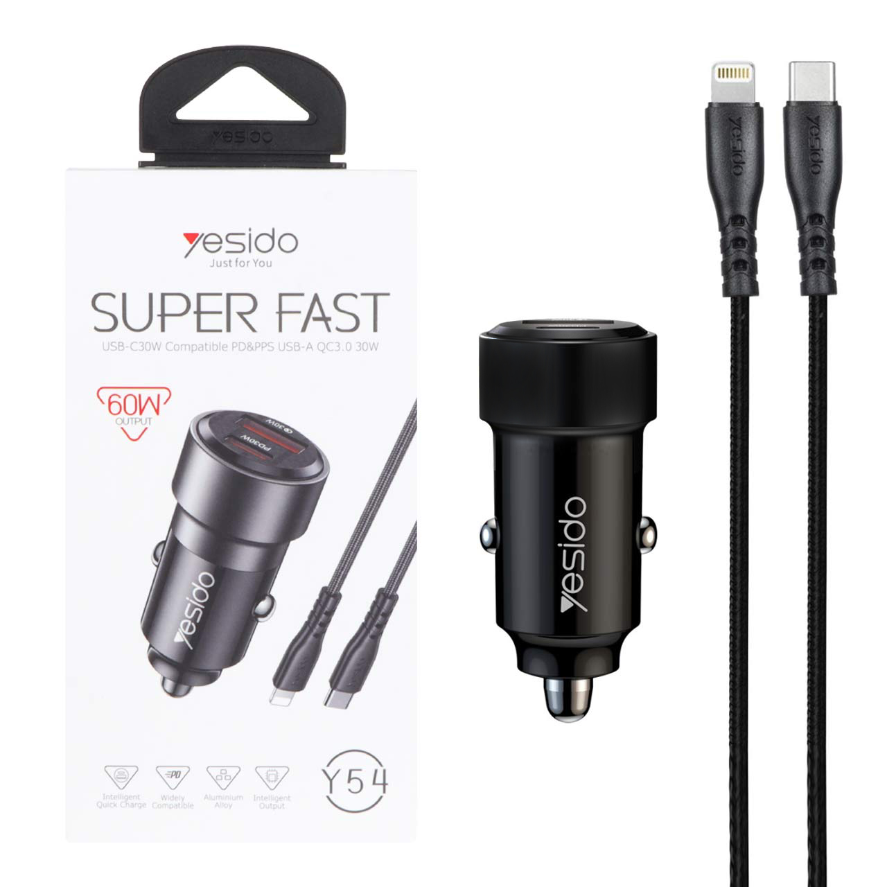 شارژر فندکی PD و فست دو پورت Yesido مدل Y54 60W به همراه کابل شارژ Type-C To Lightning - مشکی (گارانتی 18 ماه تعویض نیکان همراه)